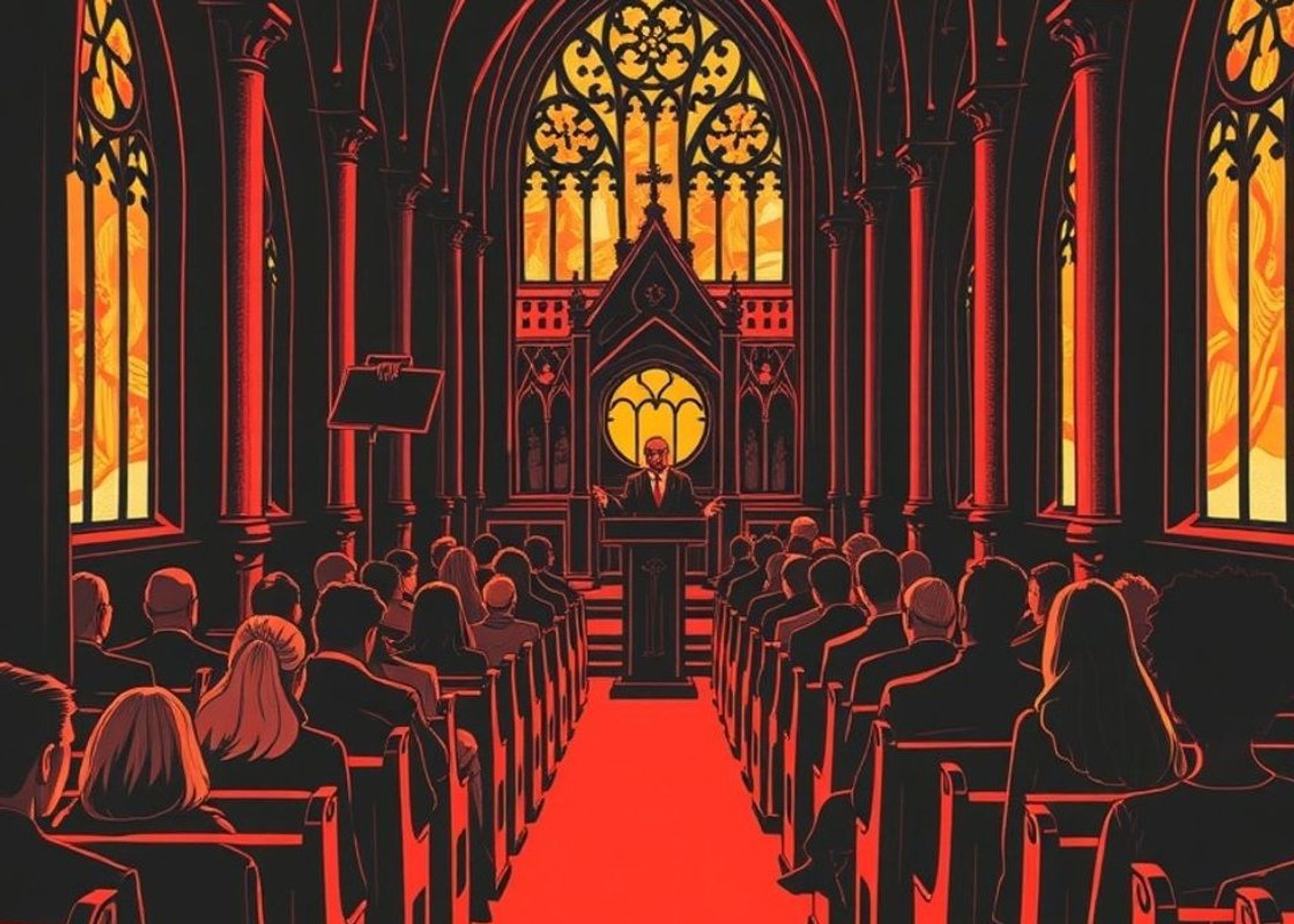 Interior de una iglesia gótica iluminada con luz cálida durante un evento literario nocturno