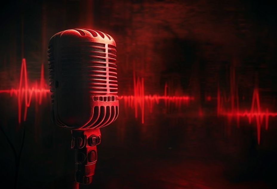 Un micrófono antiguo y ondas de sonido brillantes en una habitación oscura, con una figura sombría emergiendo del sonido bajo una luz roja