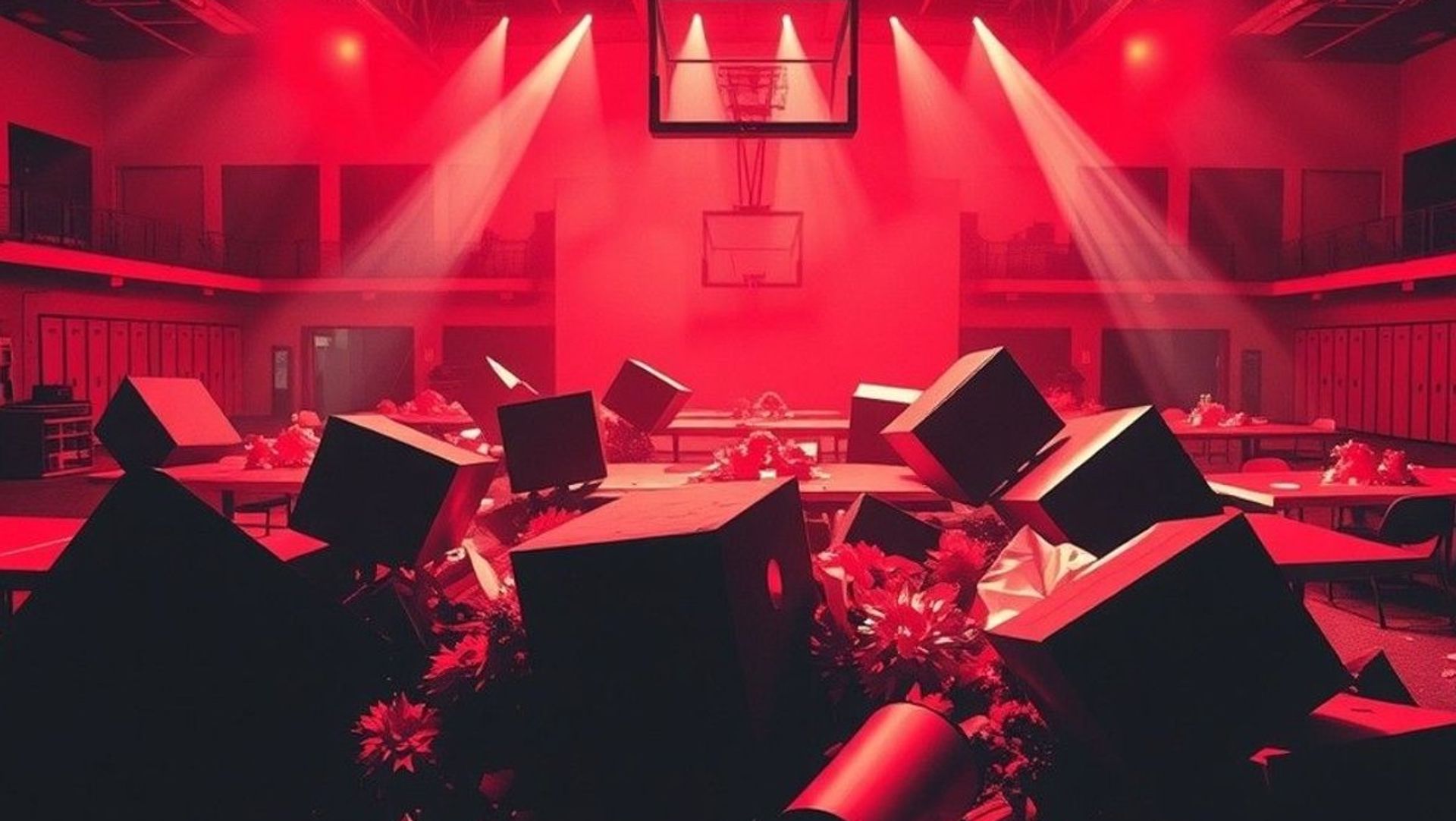 Gimnasio devastado tras el baile de graduación, con mesas volcadas y luces cortando la neblina