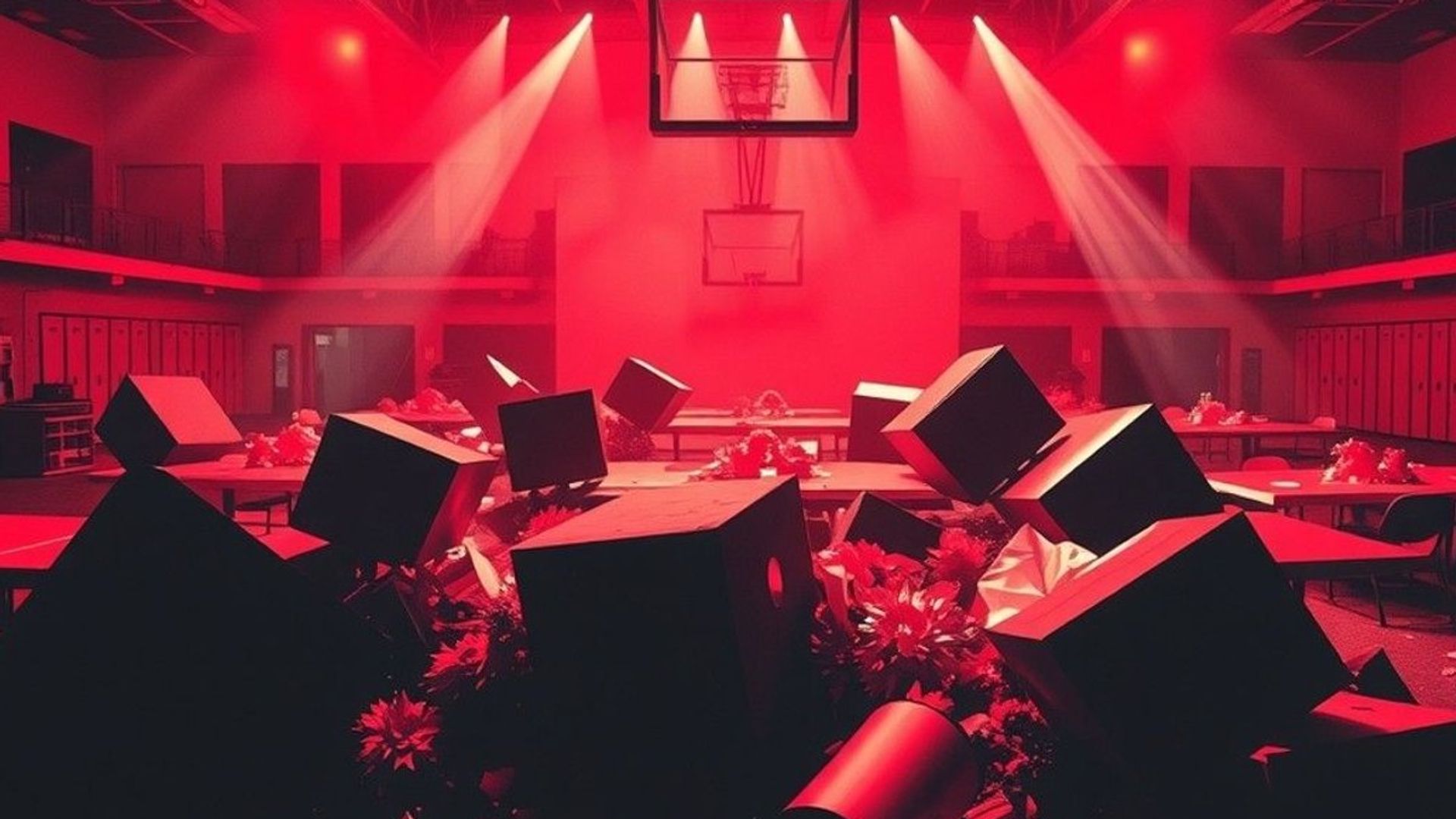 Gimnasio devastado tras el baile de graduación, con mesas volcadas y luces cortando la neblina