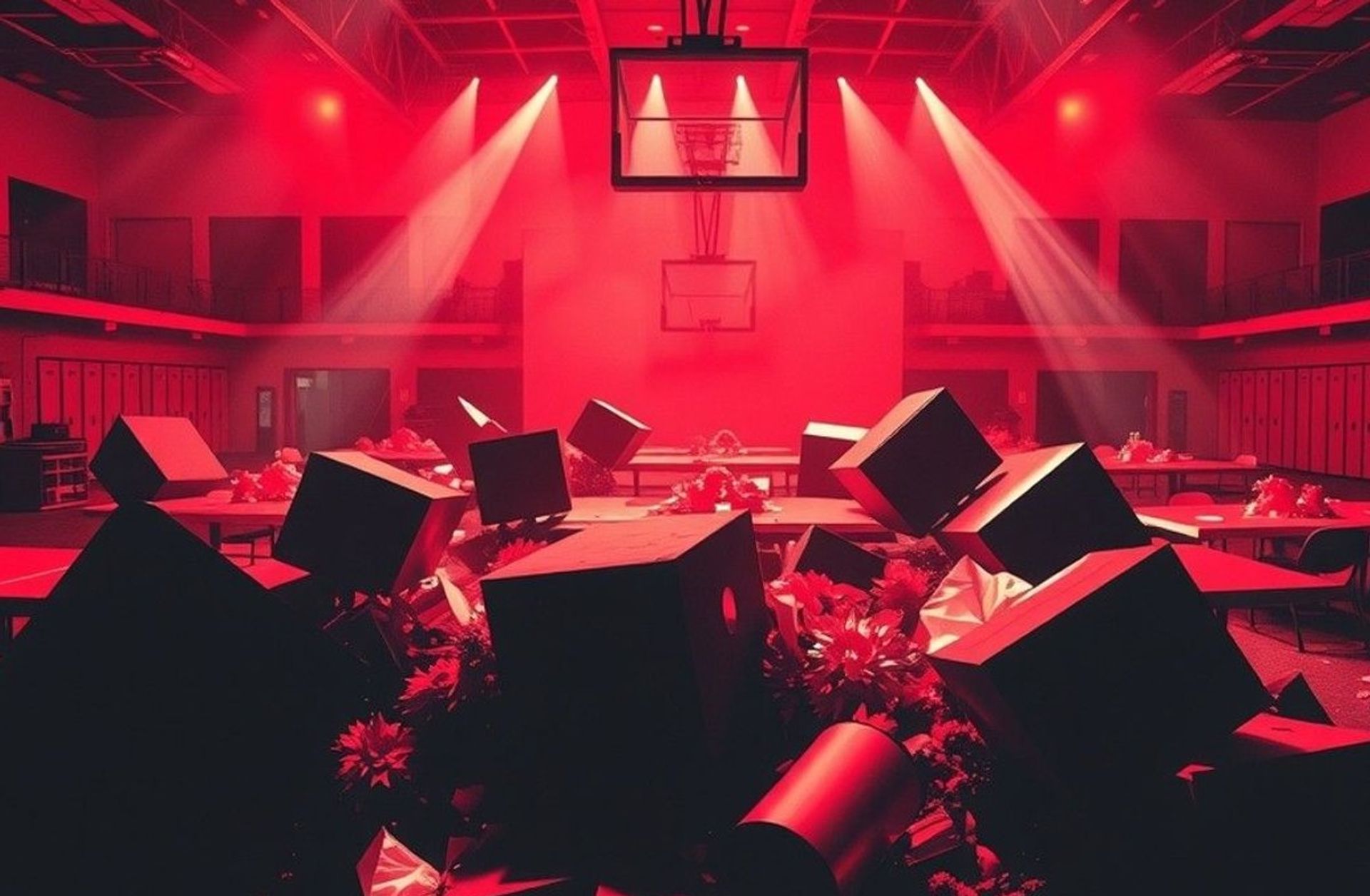 Gimnasio devastado tras el baile de graduación, con mesas volcadas y luces cortando la neblina