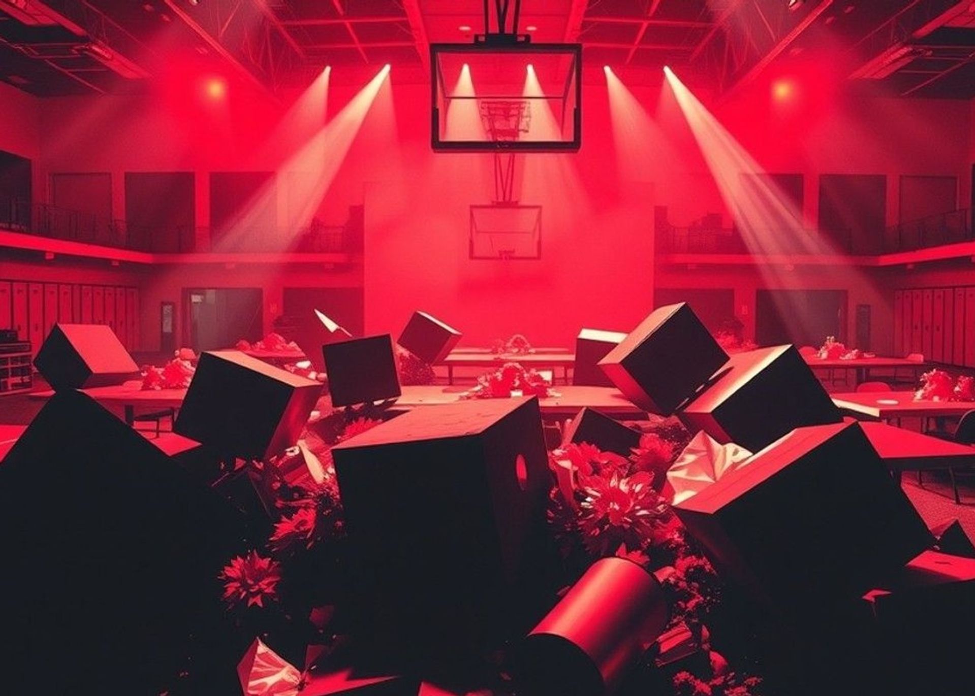 Gimnasio devastado tras el baile de graduación, con mesas volcadas y luces cortando la neblina