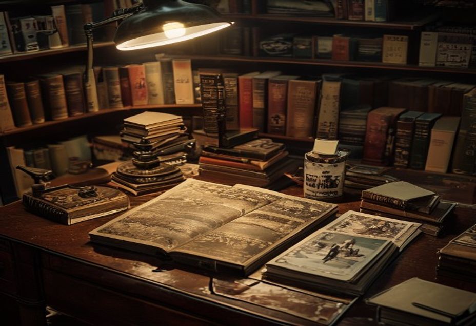Un libro ilustrado sobre la carrera de Stephen King, abierto sobre un escritorio junto a novelas de bolsillo y fotografías antiguas