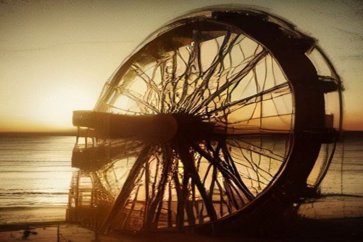 Parque de atracciones junto al mar al atardecer, con la silueta de una rueda de la fortuna