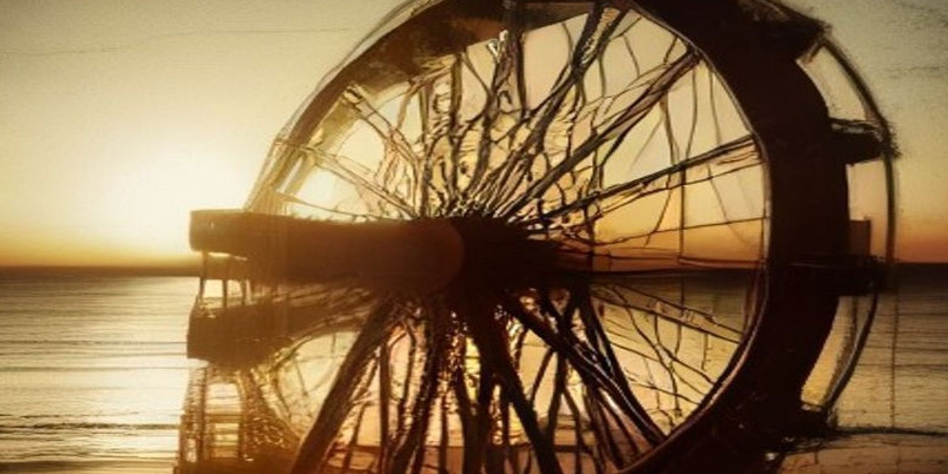 Parque de atracciones junto al mar al atardecer, con la silueta de una rueda de la fortuna