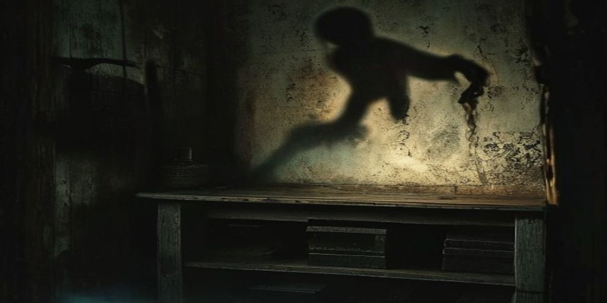 Un juguete de madera antiguo sobre un estante, iluminado con una luz inquietante en una habitación oscura, con una sombra amenazante en la pared