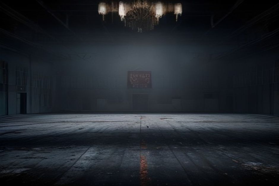 Gimnasio escolar vacío de noche, decorado para un baile de graduación, con un cubo metálico volcado sobre el escenario bajo un foco duro