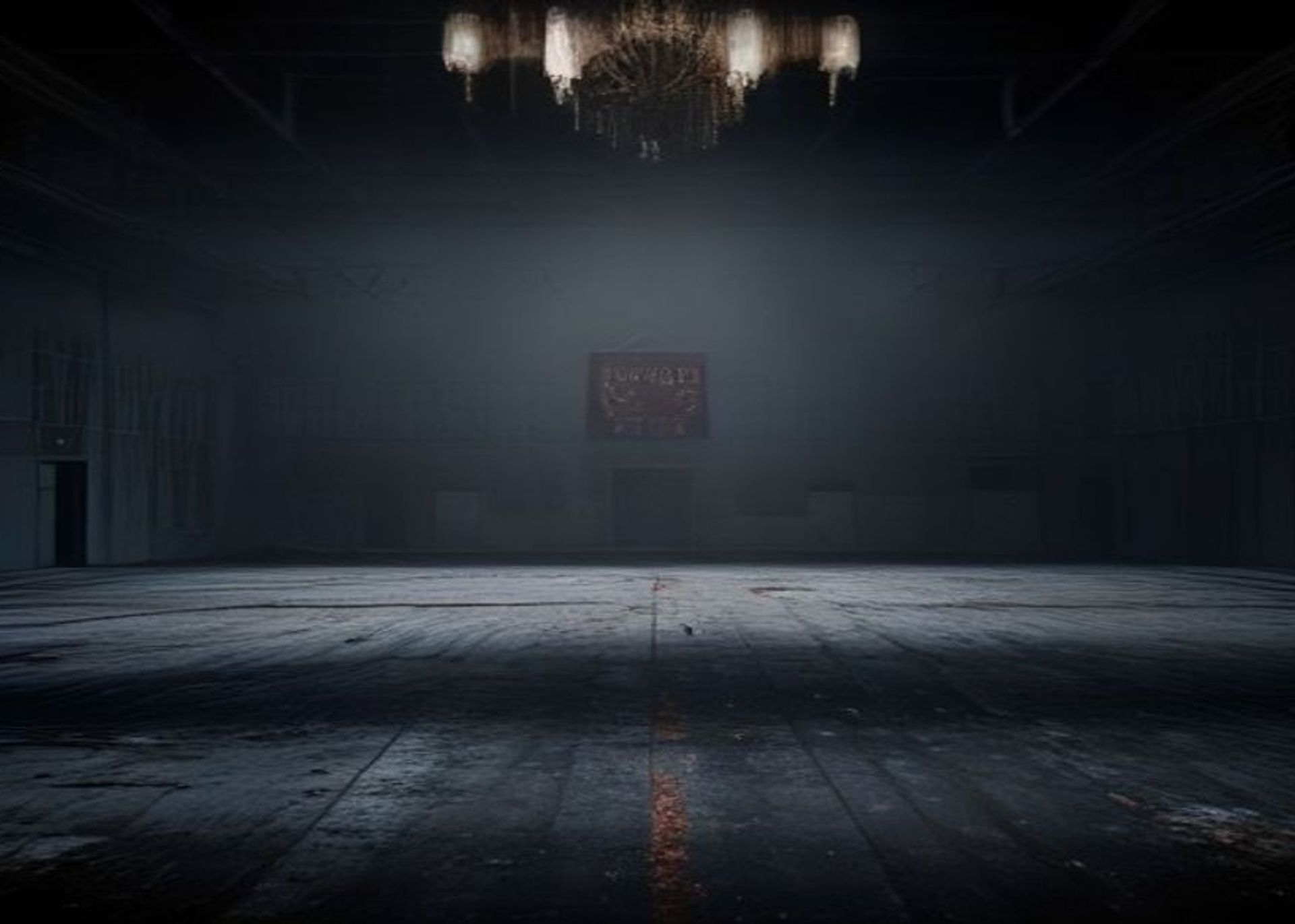 Gimnasio escolar vacío de noche, decorado para un baile de graduación, con un cubo metálico volcado sobre el escenario bajo un foco duro
