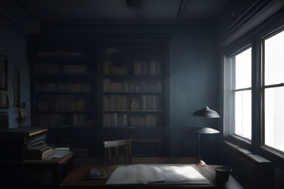 Pilas de libros antiguos en el estudio de un escritor iluminado por una lámpara