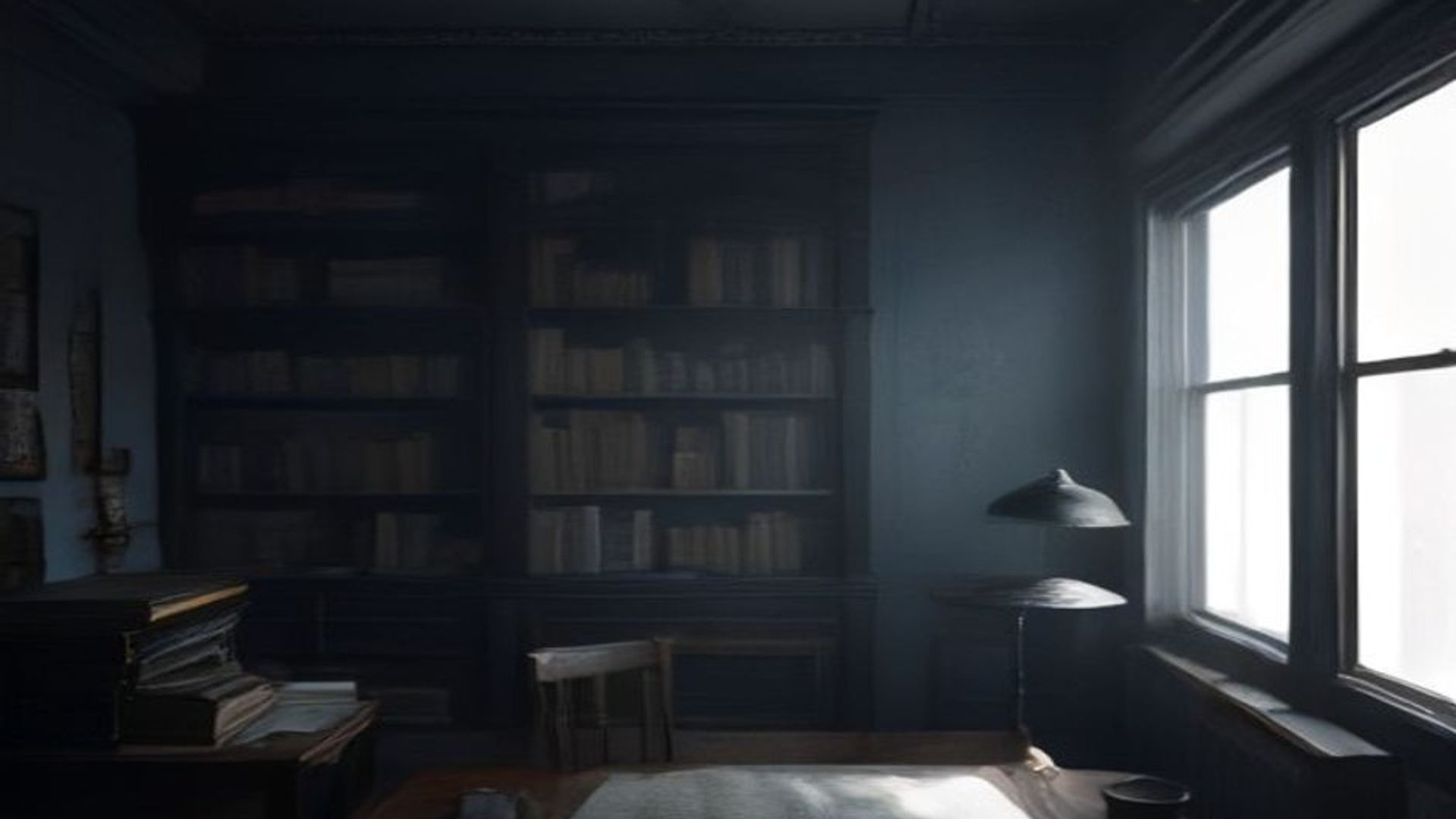 Pilas de libros antiguos en el estudio de un escritor iluminado por una lámpara