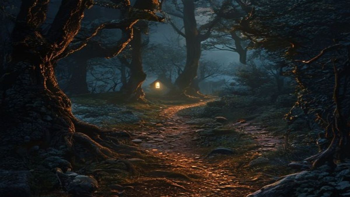 Bosque de cuento de hadas al anochecer, con un rastro de migas de pan sobre el sendero y la luz de una cabaña a lo lejos
