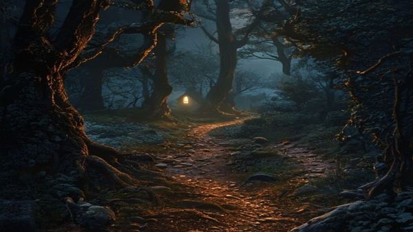 Bosque de cuento de hadas al anochecer, con un rastro de migas de pan sobre el sendero y la luz de una cabaña a lo lejos