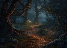 Bosque de cuento de hadas al anochecer, con un rastro de migas de pan sobre el sendero y la luz de una cabaña a lo lejos