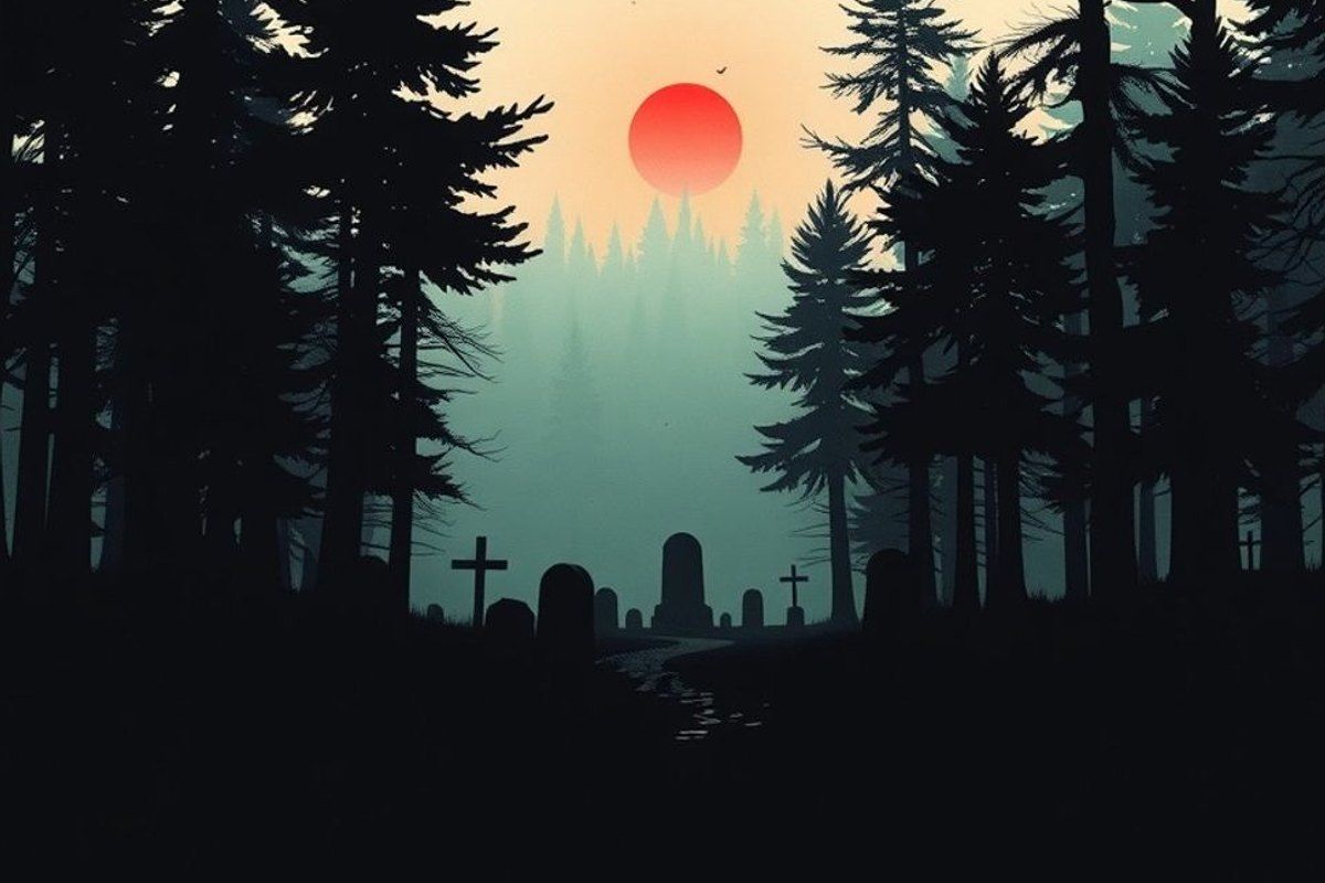 Sendero oscuro en un bosque brumoso de Maine que lleva hacia un antiguo cementerio de piedras al anochecer