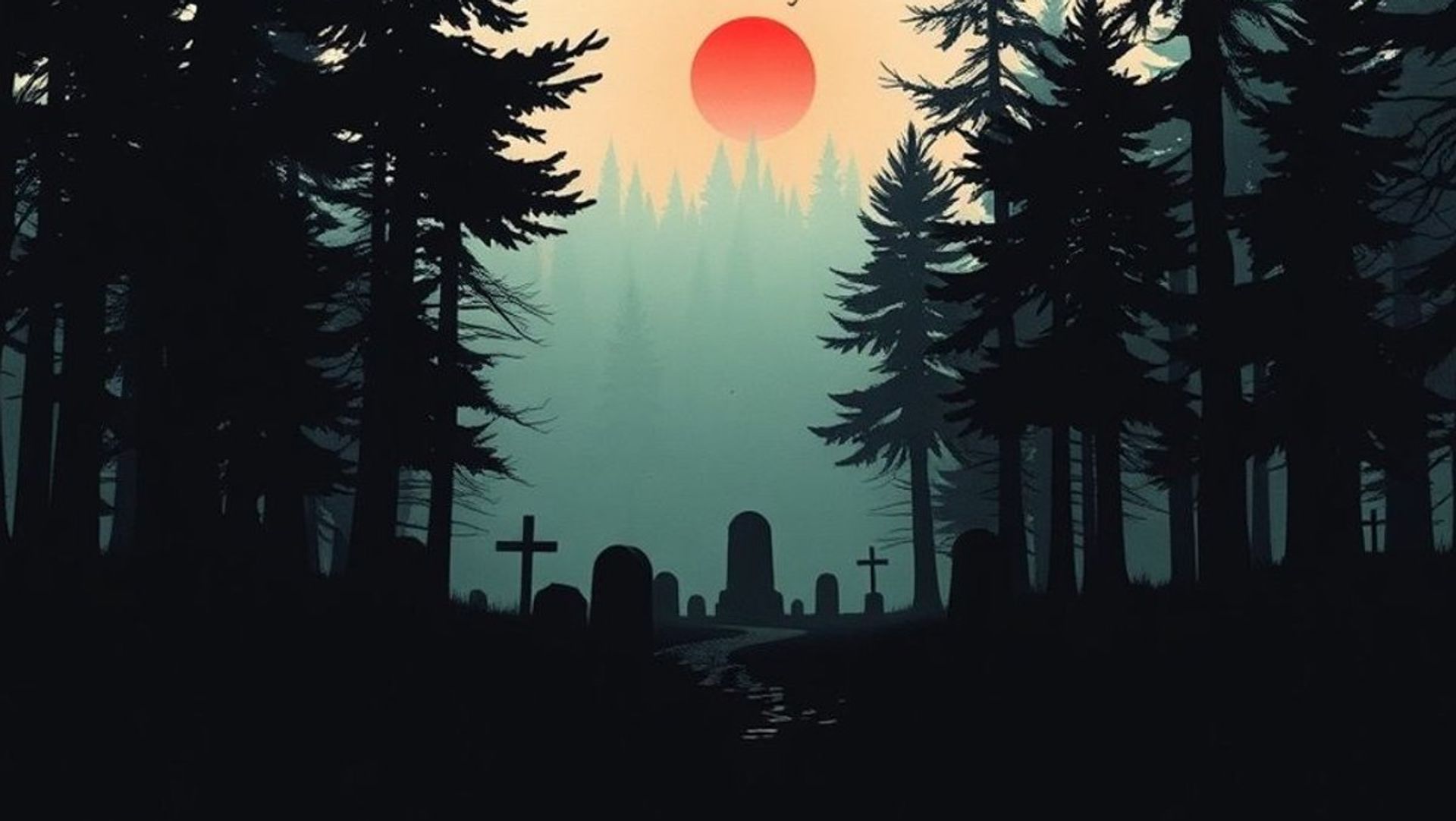 Sendero oscuro en un bosque brumoso de Maine que lleva hacia un antiguo cementerio de piedras al anochecer