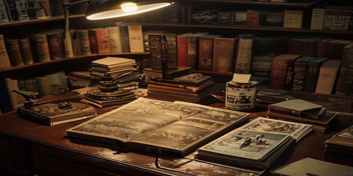 Un libro ilustrado sobre la carrera de Stephen King, abierto sobre un escritorio junto a novelas de bolsillo y fotografías antiguas