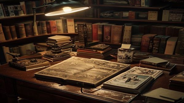 Un libro ilustrado sobre la carrera de Stephen King, abierto sobre un escritorio junto a novelas de bolsillo y fotografías antiguas