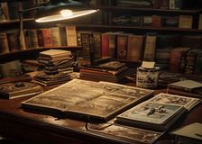 Un libro ilustrado sobre la carrera de Stephen King, abierto sobre un escritorio junto a novelas de bolsillo y fotografías antiguas