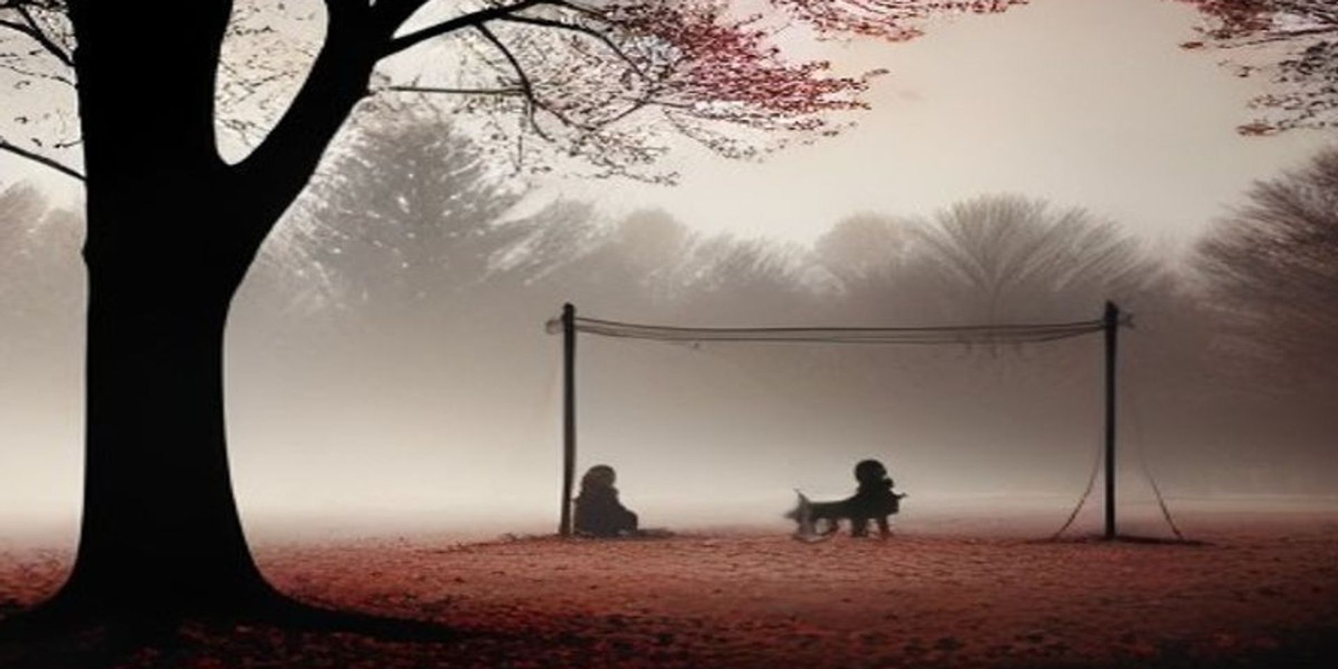 Parque de pueblo abandonado en otoño con hamacas oxidadas y hojas caídas, atmósfera de infancia perdida