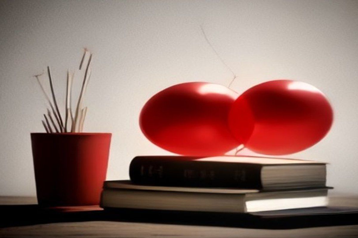 Libros apilados sobre una mesa de madera con un globo rojo flotando, atmósfera literaria y celebratoria