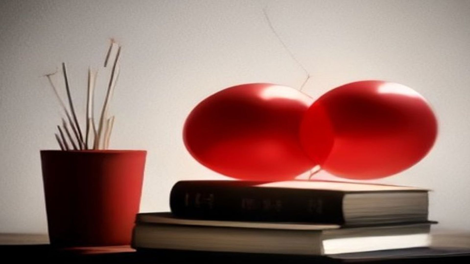 Libros apilados sobre una mesa de madera con un globo rojo flotando, atmósfera literaria y celebratoria
