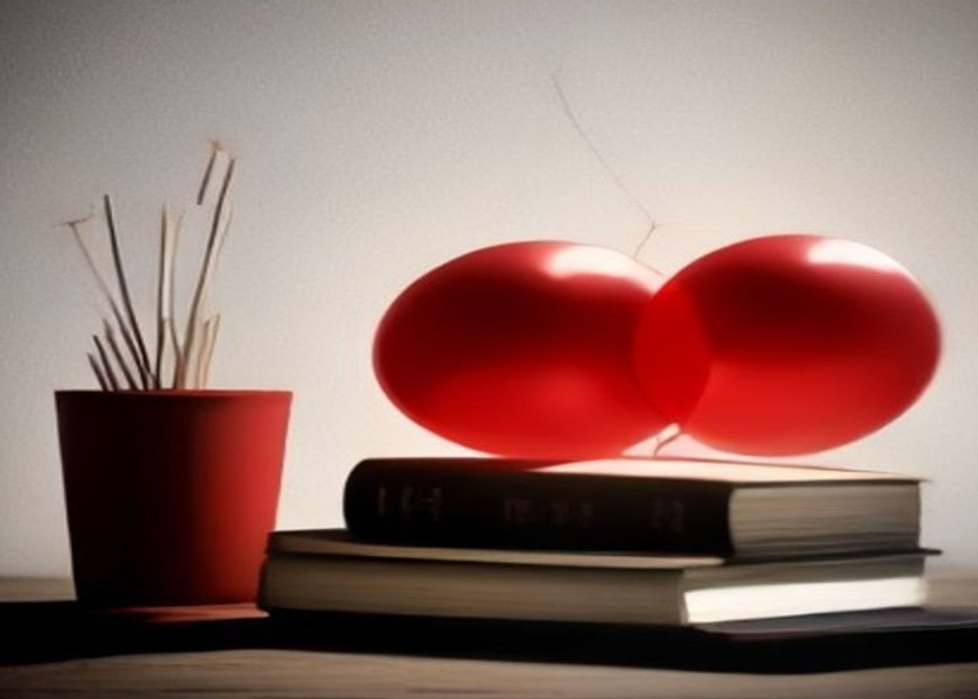 Libros apilados sobre una mesa de madera con un globo rojo flotando, atmósfera literaria y celebratoria