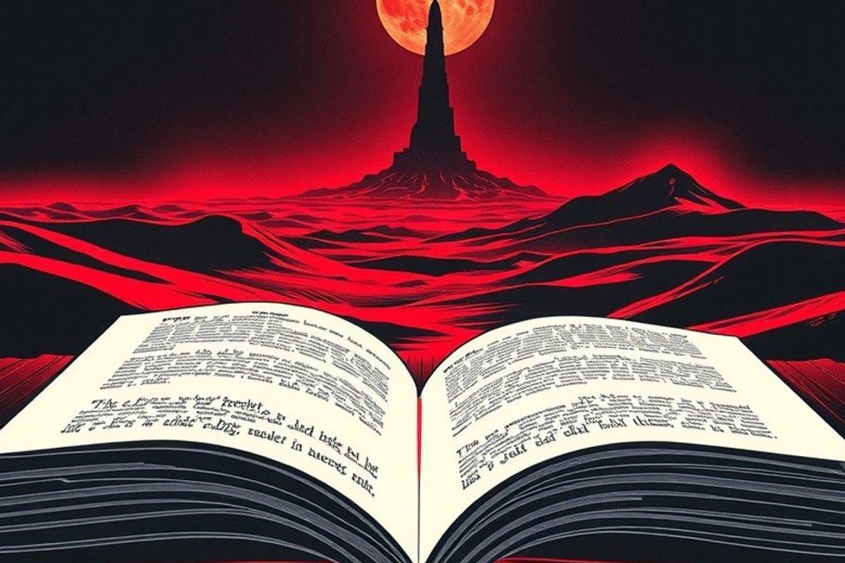 Un libro abierto del que se levanta una puerta hacia otro mundo, con una torre oscura en el horizonte