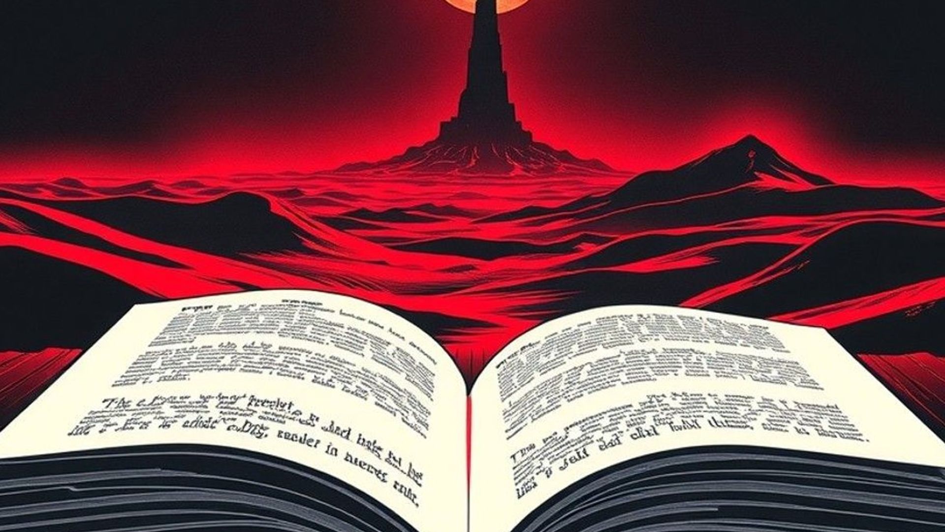 Un libro abierto del que se levanta una puerta hacia otro mundo, con una torre oscura en el horizonte