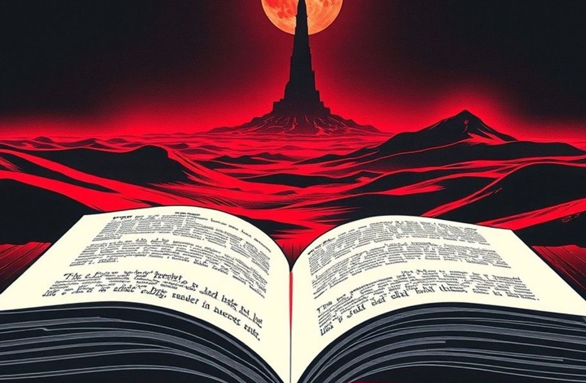 Un libro abierto del que se levanta una puerta hacia otro mundo, con una torre oscura en el horizonte