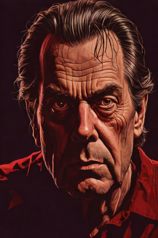 Paul Sheldon, escritor de novelas de horror, ilustración digital estilo gótico oscuro con iluminación dramática y tonos rojos profundos.