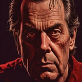 Paul Sheldon, escritor de novelas de horror, ilustración digital estilo gótico oscuro con iluminación dramática y tonos rojos profundos.