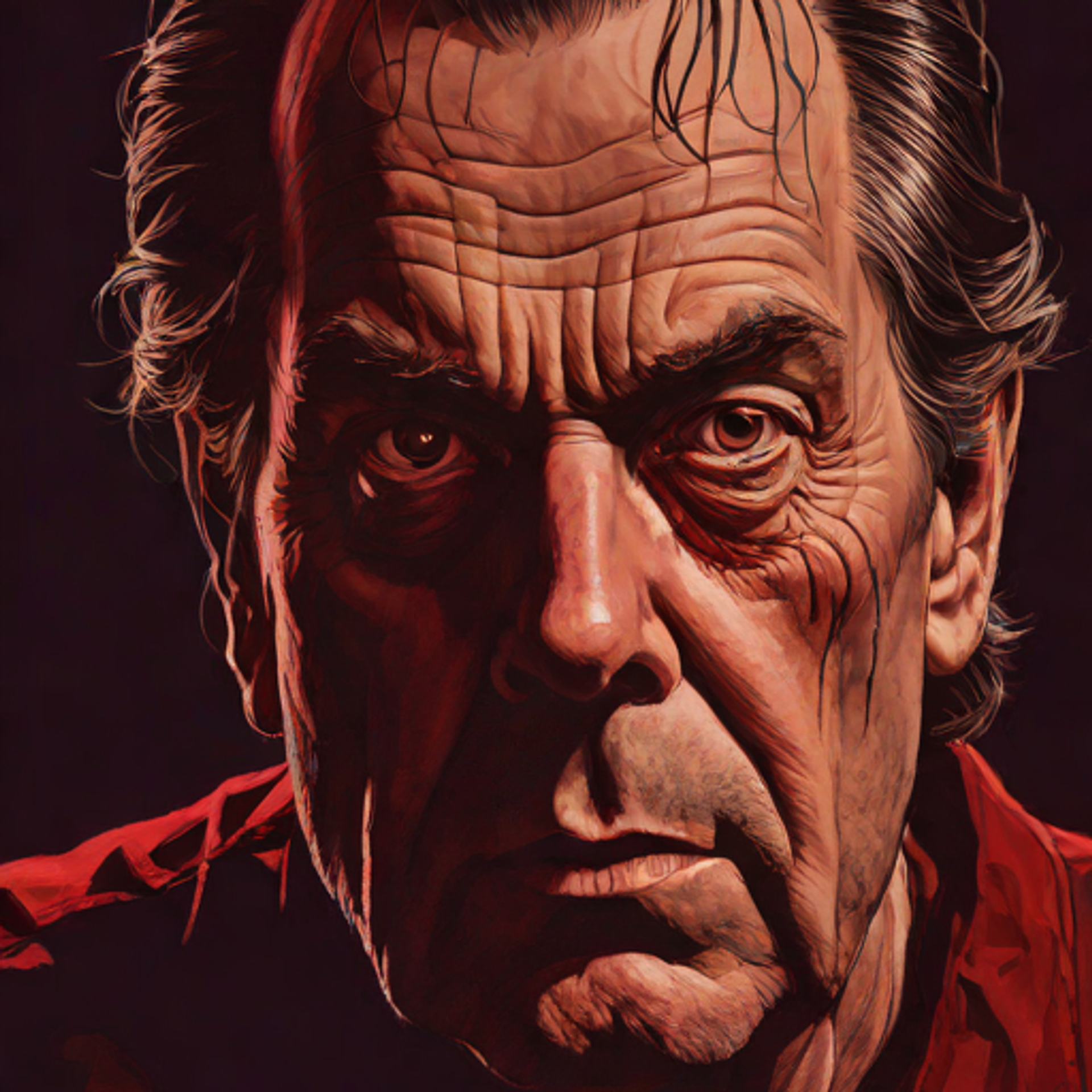 Paul Sheldon, escritor de novelas de horror, ilustración digital estilo gótico oscuro con iluminación dramática y tonos rojos profundos.