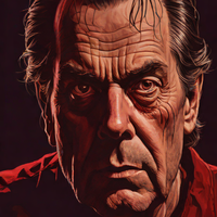 Paul Sheldon, escritor de novelas de horror, ilustración digital estilo gótico oscuro con iluminación dramática y tonos rojos profundos.