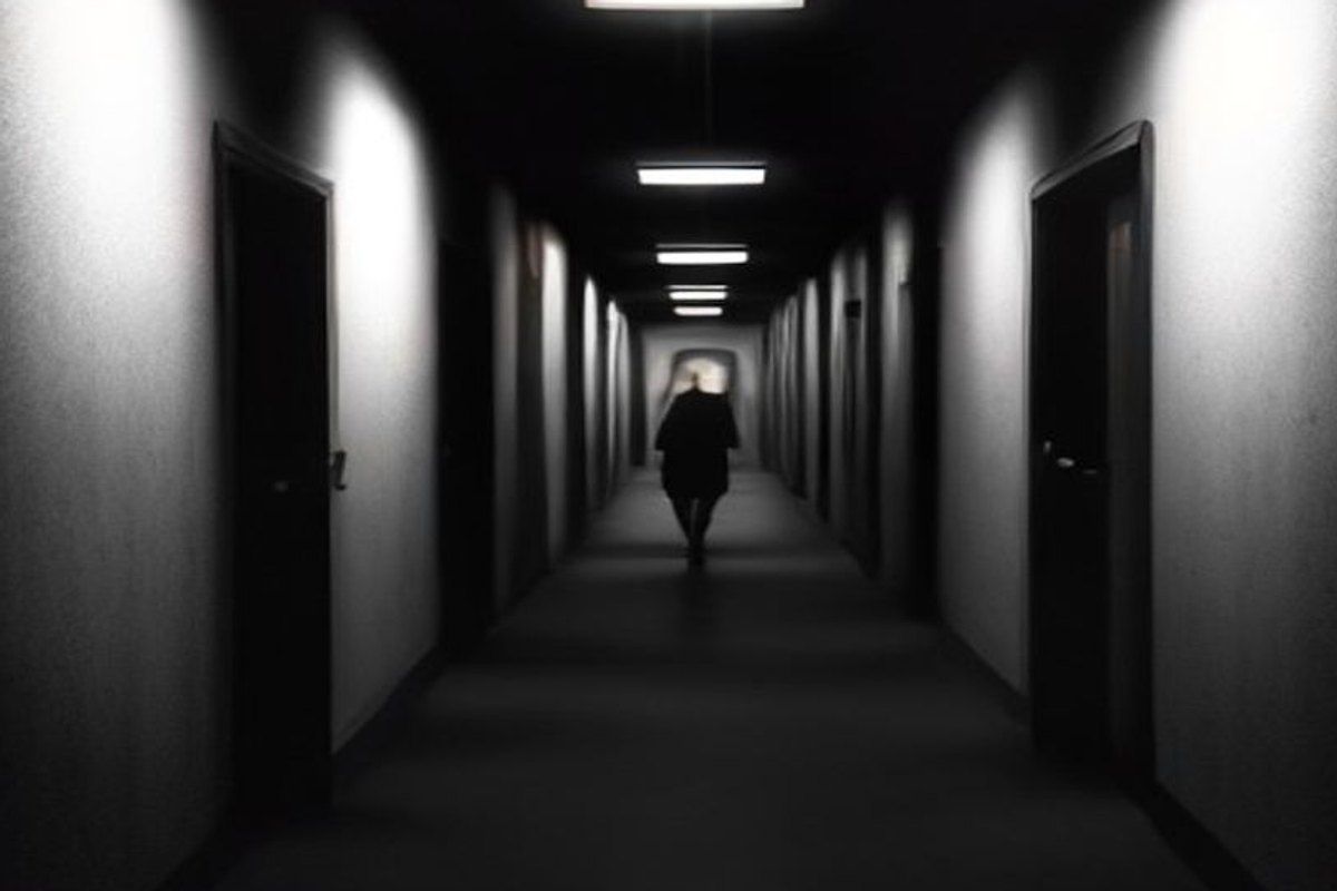Pasillo oscuro de hospital con luz fluorescente parpadeando y una silla de ruedas en sombras, atmósfera de horror psicológico