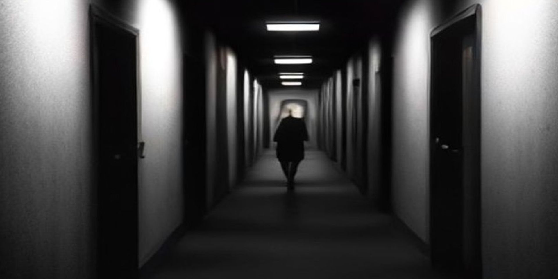 Pasillo oscuro de hospital con luz fluorescente parpadeando y una silla de ruedas en sombras, atmósfera de horror psicológico
