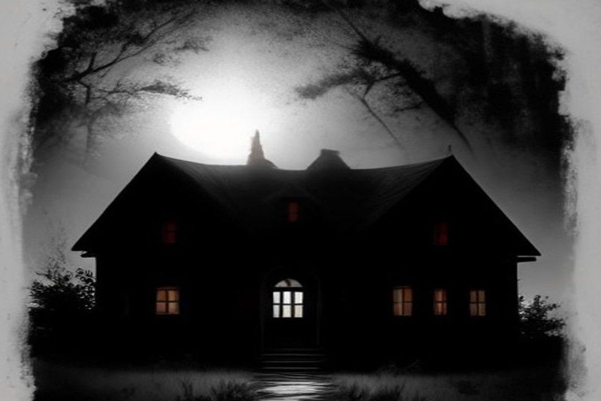 Casa victoriana abandonada en la campiña de Wisconsin con una grieta de luz en la puerta que sugiere un portal a otra dimensión