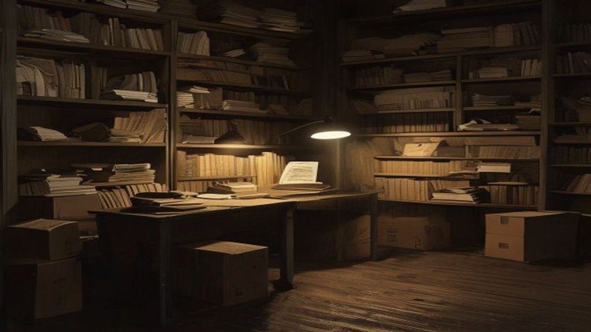 Estudio de escritor vacío al atardecer, con los estantes desnudos y cajas embaladas en el piso