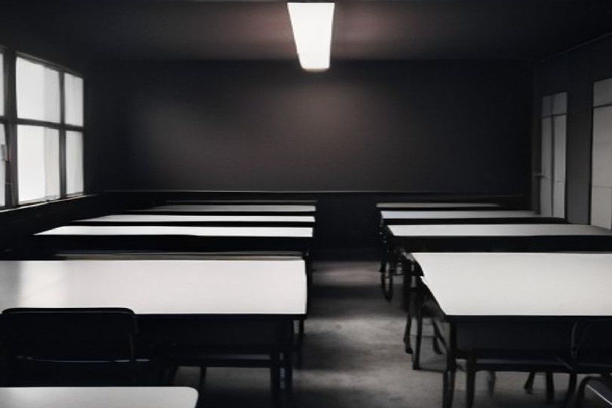 Aula de secundaria vacía con pupitres en filas y un alumno sentado en el escritorio del profesor, luz fluorescente, atmósfera tensa