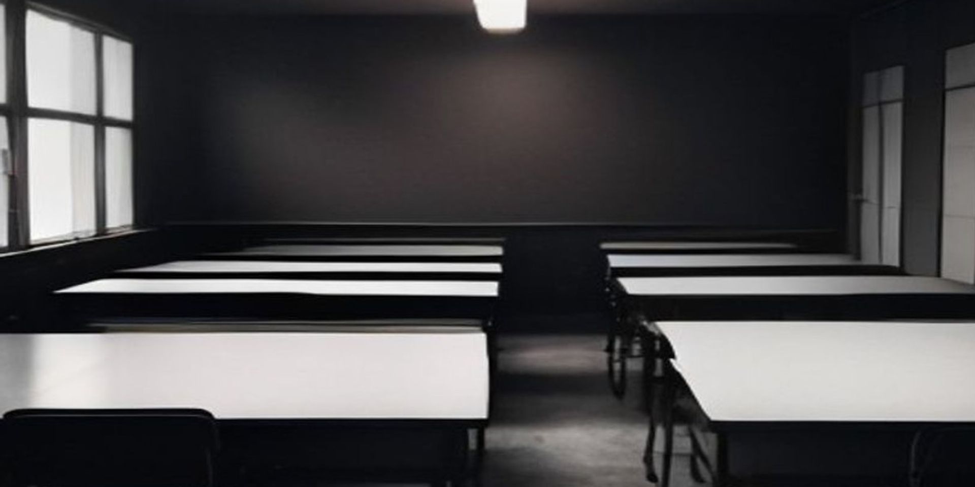 Aula de secundaria vacía con pupitres en filas y un alumno sentado en el escritorio del profesor, luz fluorescente, atmósfera tensa