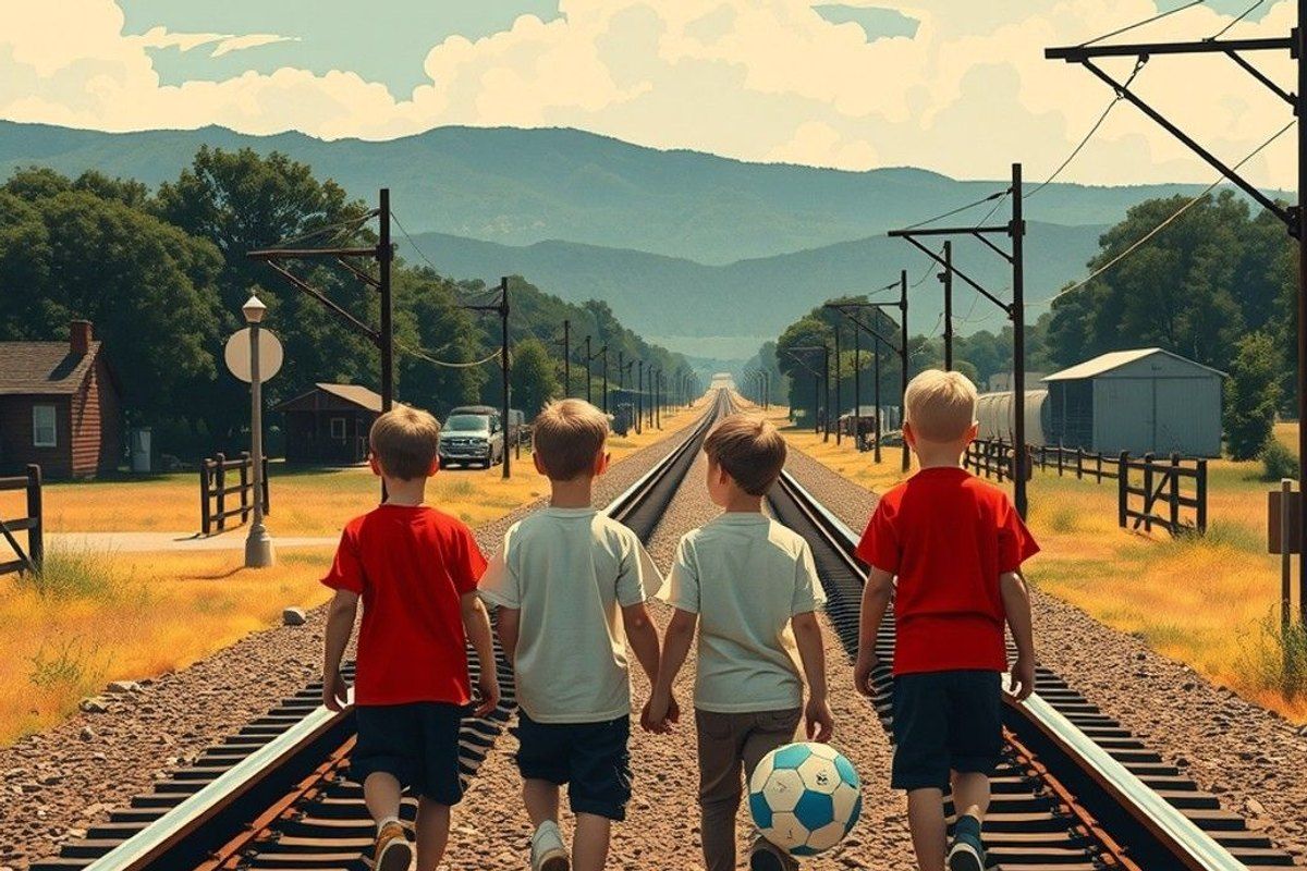 Cuatro chicos caminando por las vías del tren en un pueblo pequeño, atmósfera nostálgica de los años cincuenta
