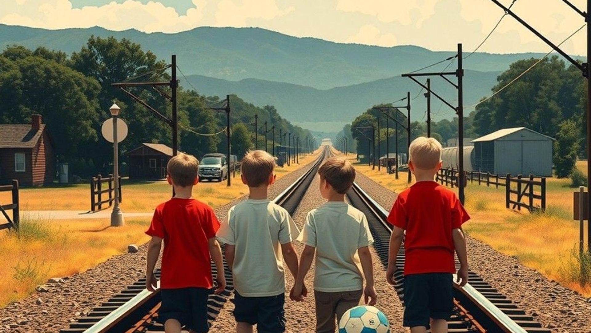 Cuatro chicos caminando por las vías del tren en un pueblo pequeño, atmósfera nostálgica de los años cincuenta