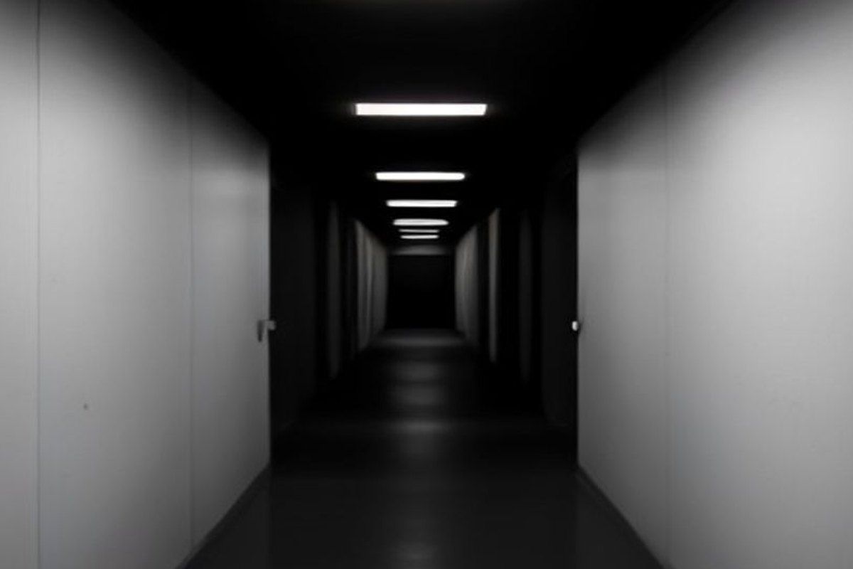 Un pasillo de una fría instalación institucional de noche, con luces fluorescentes y la pequeña silueta de un niño al fondo