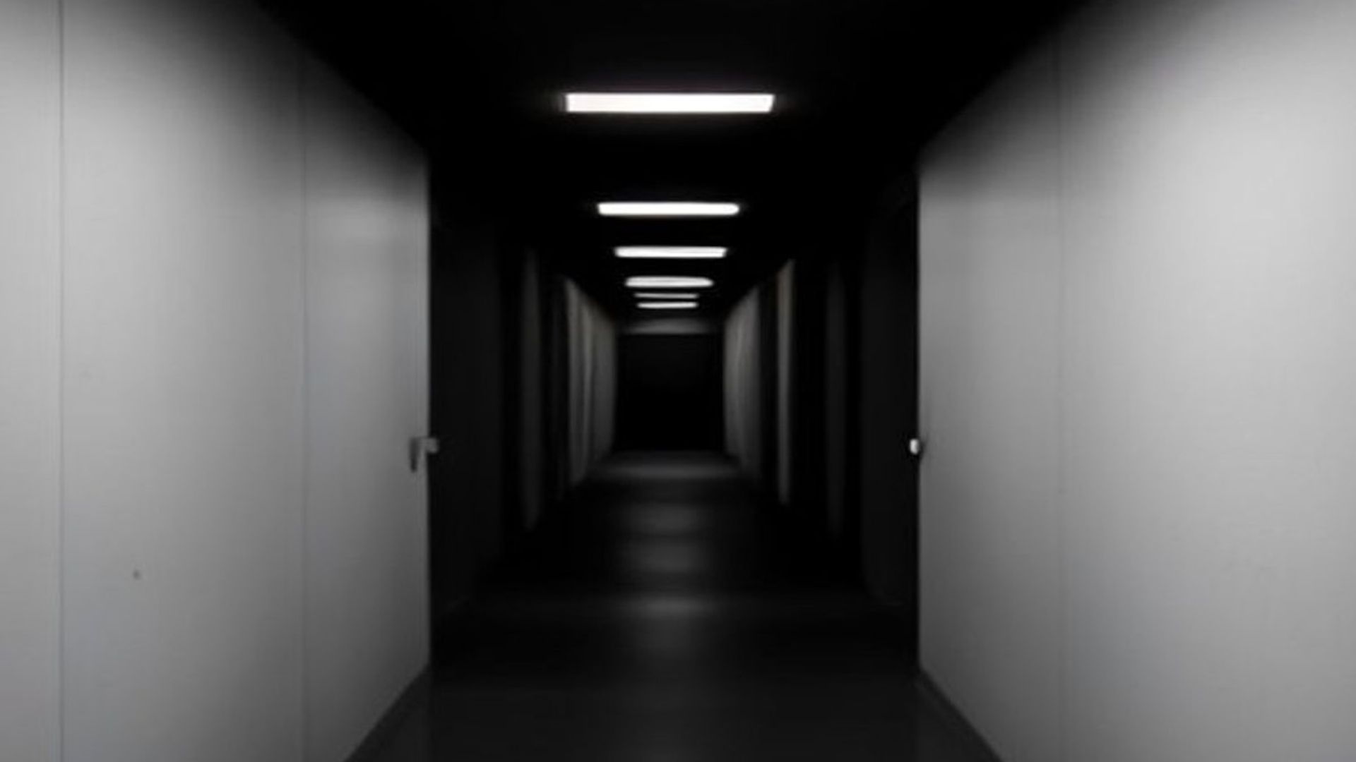 Un pasillo de una fría instalación institucional de noche, con luces fluorescentes y la pequeña silueta de un niño al fondo