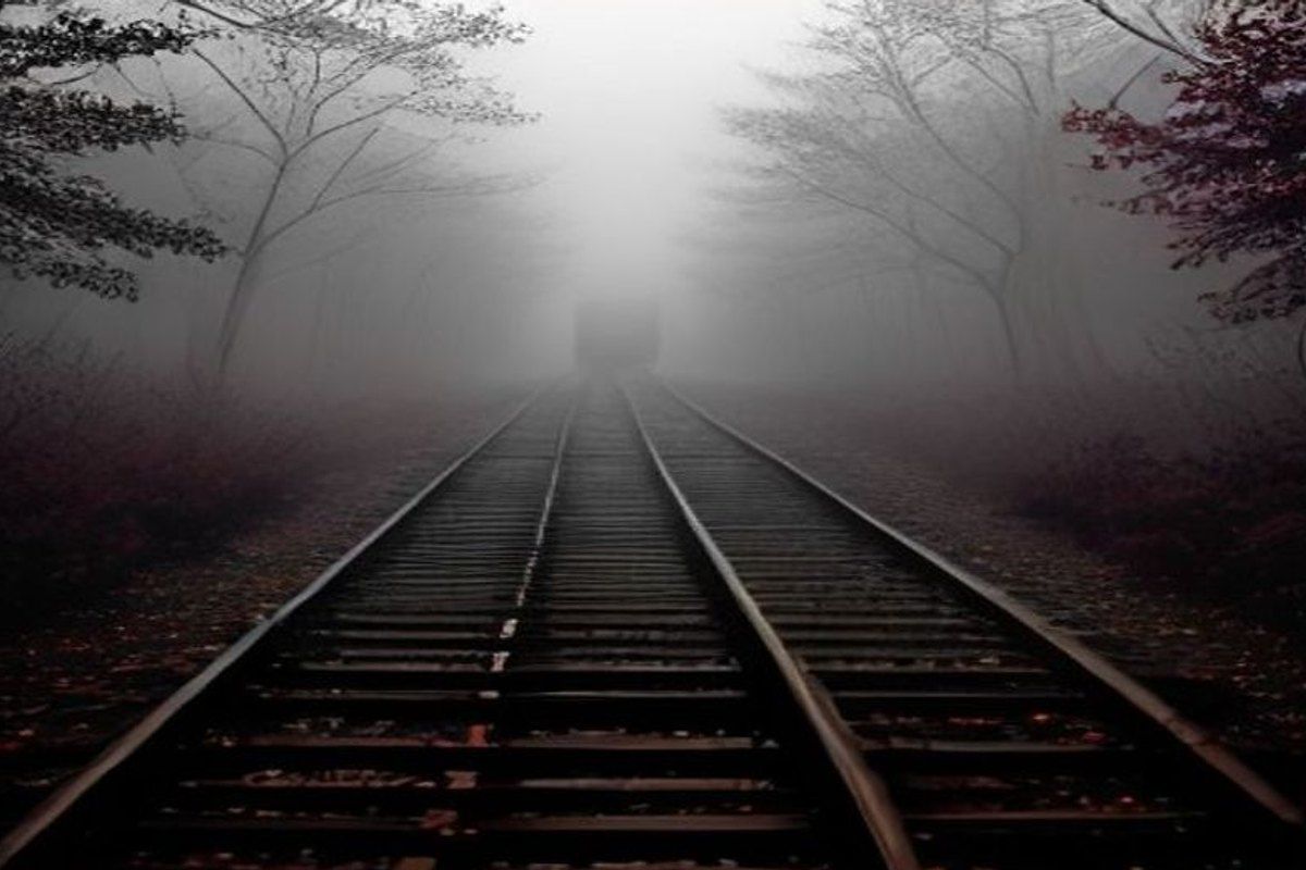 Vías de tren perdiéndose en un bosque brumoso, atmósfera nostálgica de pueblo chico norteamericano de los años cincuenta