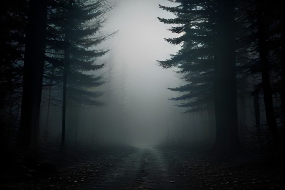 Sendero de tierra que se interna en un bosque de pinos al anochecer, con niebla densa