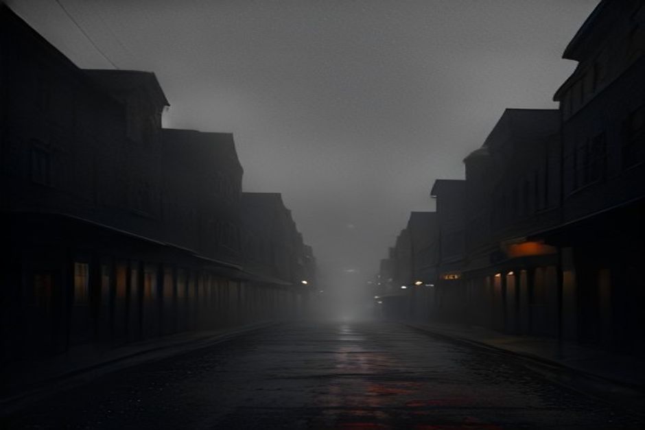 Calle principal de un pueblo de Nueva Inglaterra al anochecer, con niebla y una sola ventana encendida