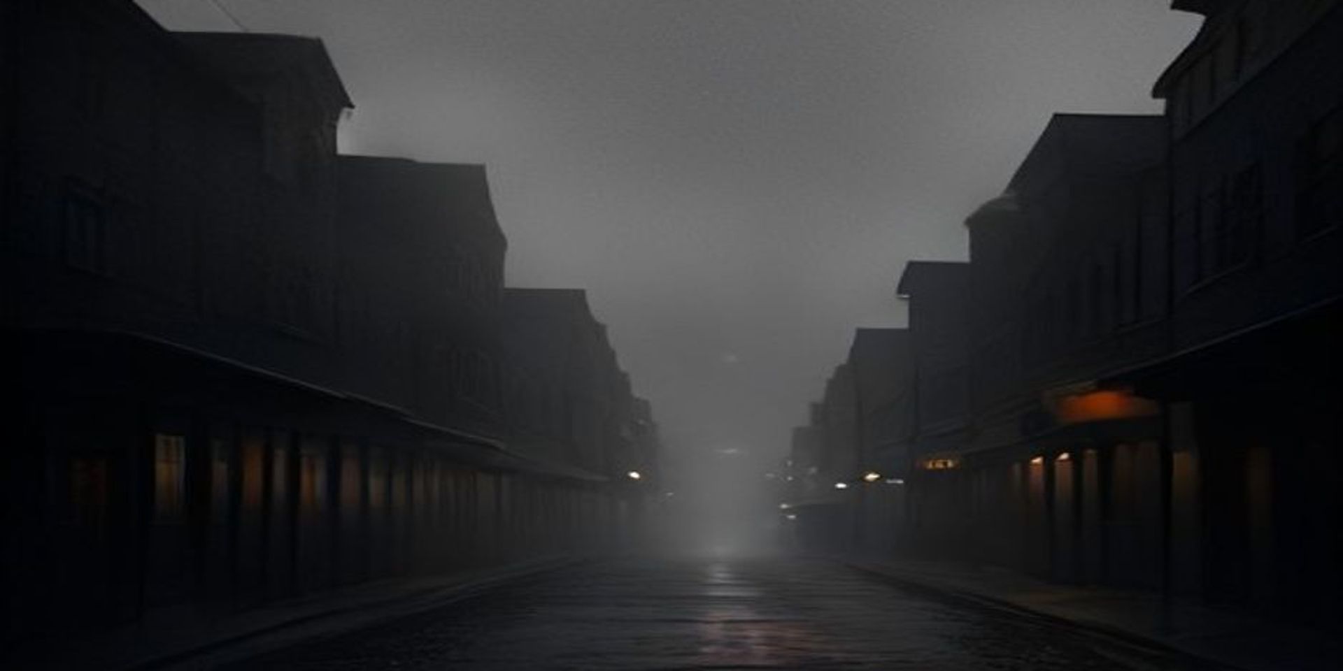 Calle principal de un pueblo de Nueva Inglaterra al anochecer, con niebla y una sola ventana encendida