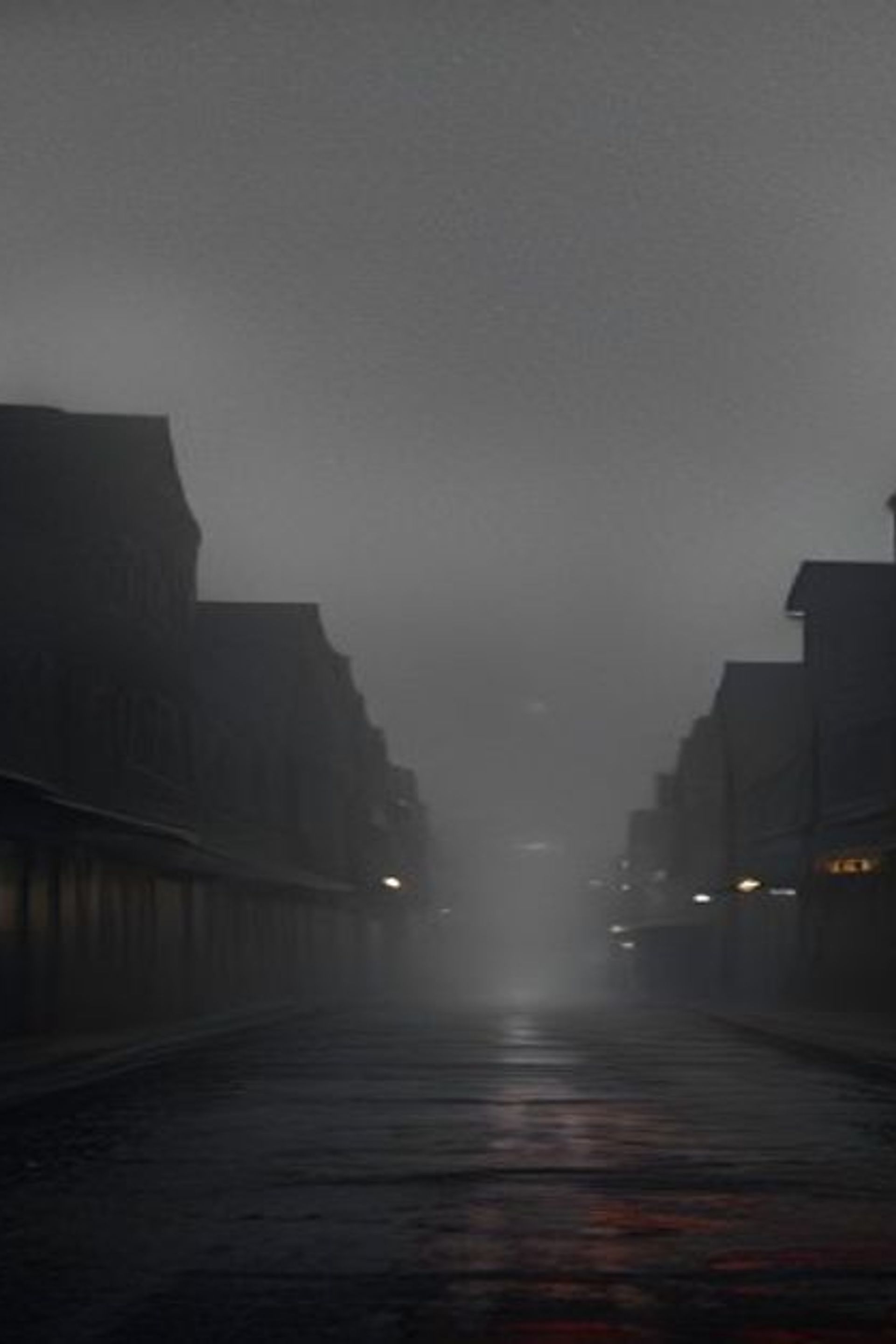 Calle principal de un pueblo de Nueva Inglaterra al anochecer, con niebla y una sola ventana encendida