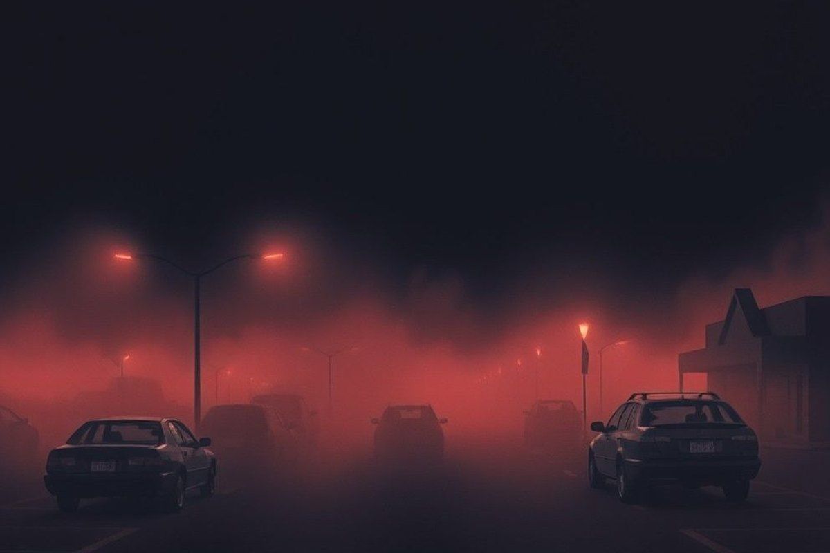 Niebla densa cubriendo el estacionamiento de un supermercado al atardecer, atmósfera ominosa