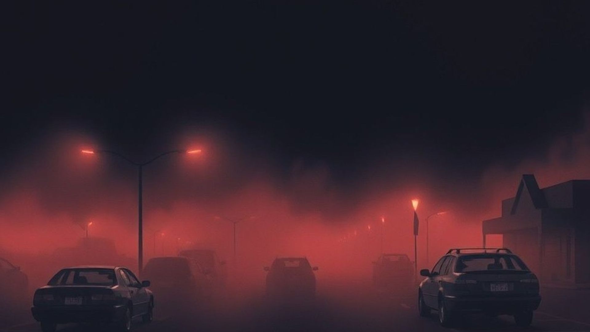 Niebla densa cubriendo el estacionamiento de un supermercado al atardecer, atmósfera ominosa